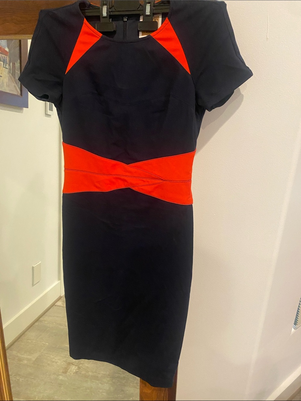 Nue by Shani Navy Midi Dress with Red Waist and Shoulder Insets and Shapeware